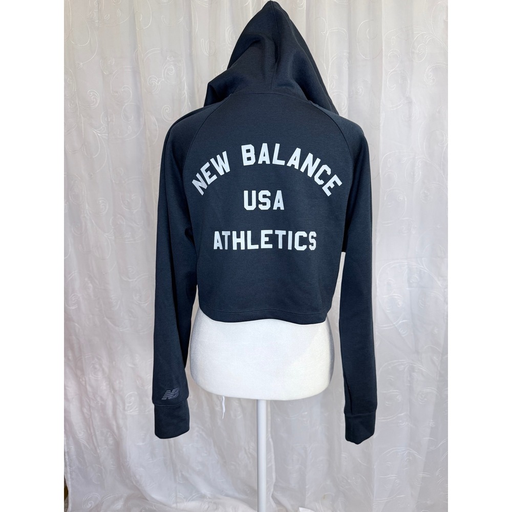 New Balance Athletics USA Cropped Hoodie Navy Raglan Pullover XS - Picture 3 of 7